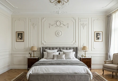 Moldings in a neoclassical bedroom, wall decoration behind the bed with stucco and decorative frames