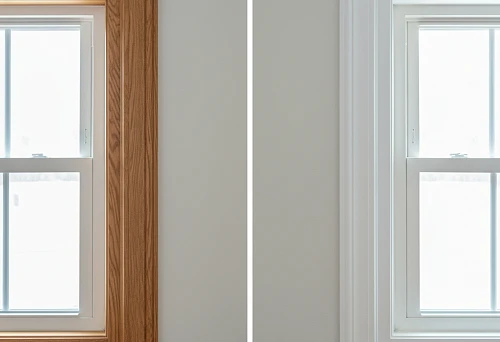 Wooden architrave with natural oak texture and white polyurethane architrave.