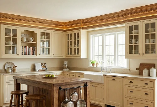 Wooden furniture cornice for kitchen: upper cabinets with classic profile and warm perimeter lighting