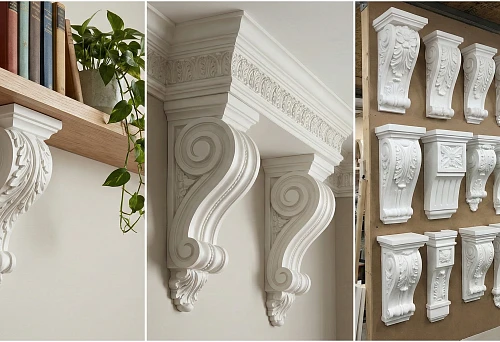 Polyurethane console with ornament: decorative bracket for a wooden shelf in the interior