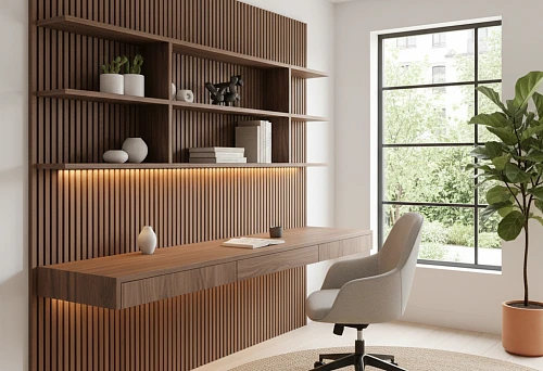 Modern Study with Wall-Mounted Decorative Wooden Slats and Integrated Lighting