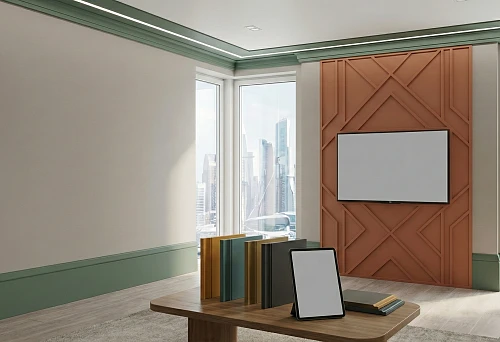 Modern interior 2026 with painted MDF elements: green skirting boards and cornices