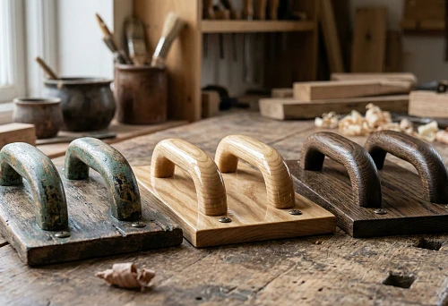 Wooden handles with coating on workbench: patina, varnish and stain in different shades