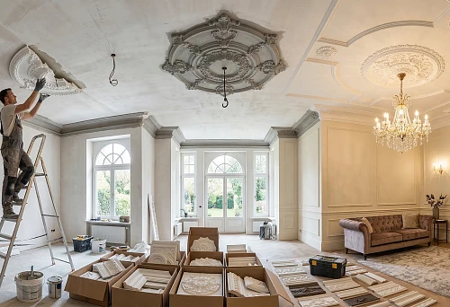 Ceiling molding under a chandelier in a living room interior with a decorative rosette and classic ceiling design