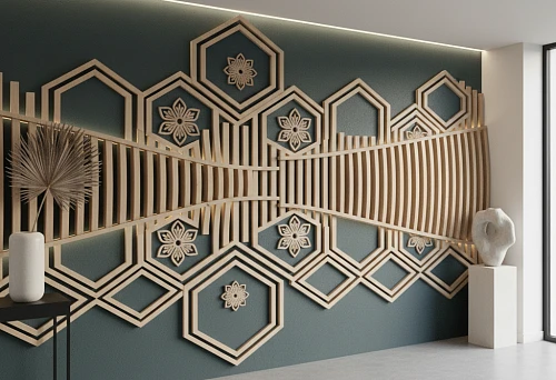 Wooden molding with geometric pattern on wall &mdash; modern interior decorative element