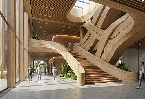 Wooden moldings in architecture 2026: large curved wooden panels and slats shape the space, wide staircase, and panoramic windows.