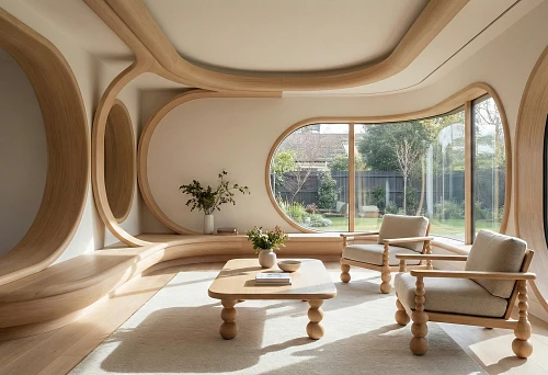 Interior with round molding and furniture legs in organic style 2026