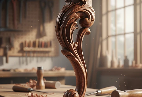 Carved furniture table leg made of dark wood with smooth lines and decorative curls