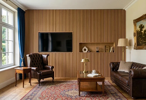 Slatted panels and classic living room furniture with a leather sofa, armchair, and TV area