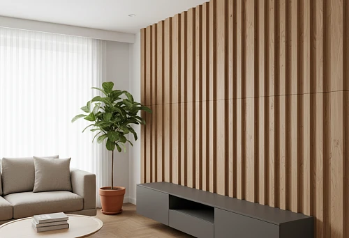 Thin wooden slats on the wall in a modern living room interior