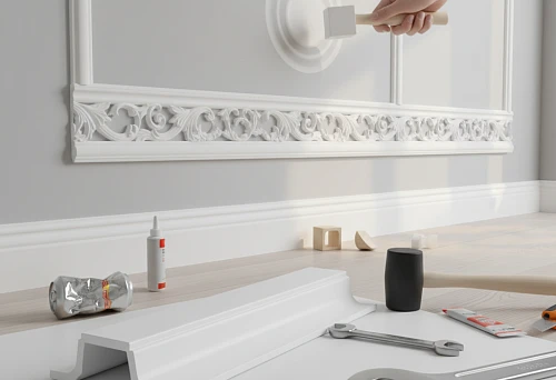 Wall molding made of impact-resistant polystyrene with carved ornament in a classic interior
