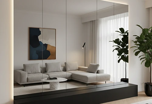 Accent wall in the living room: full-wall mirror panels with lighting and high dark baseboard-podium