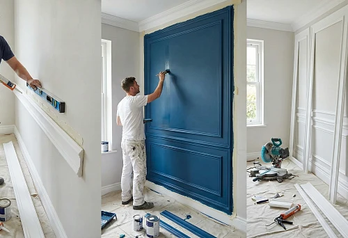 Installation of wall polyurethane moldings using a level and adhesive compound