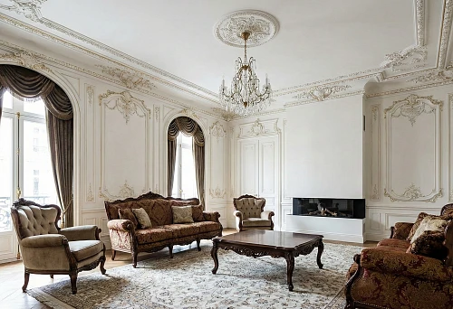 Stucco on walls in a classic interior &mdash; exquisite stucco decor forming a palace style in a modern apartment