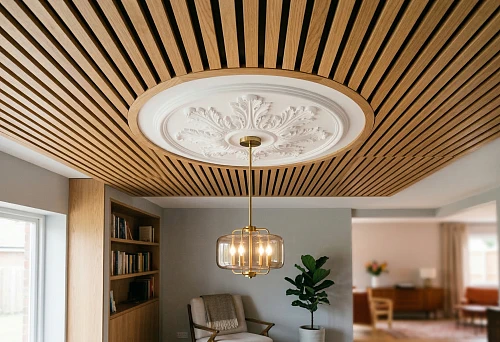 Ceiling with wooden slat panels and a decorative polyurethane rosette as an accent of the upper plane of the interior