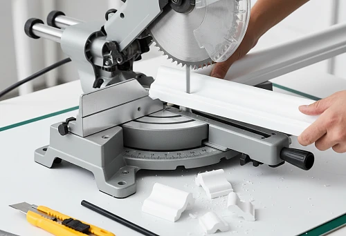 Process of precise cutting of polystyrene molding on a miter saw for a perfect chip-free cut