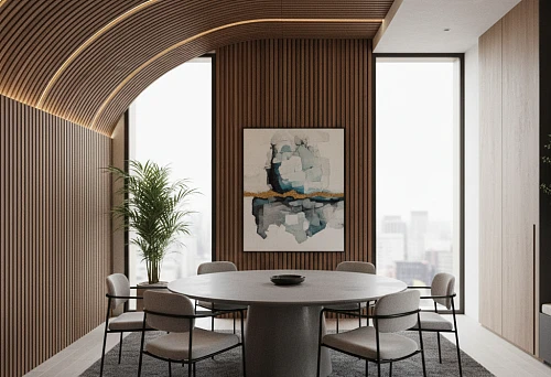 Modern dining room with curved ceiling and walls finished with wooden slats