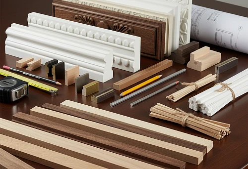 Professional set of finishing elements, including wooden battens, glazing beads, moldings, and decorative profiles of various sizes and materials, laid out on a work table.