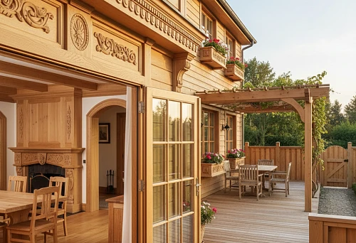 Wooden House with Decorative Wood Products Inside and Outside, Unifying Interior and Exterior