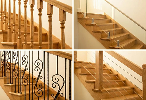 Wooden stair balusters: classic turned posts and railings in warm natural finish