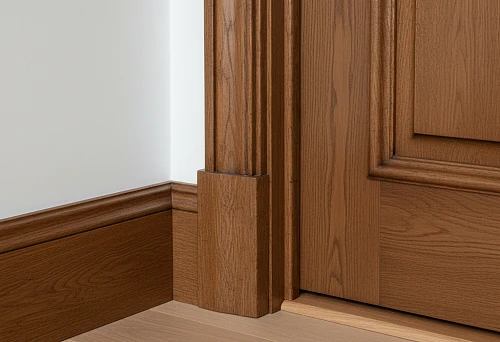 Joining wooden baseboard, casing and molding in door assembly with precise fitting and neat abutment.