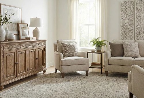 Living room in a light palette: solid wood furniture with carving and STAVROS interior decor