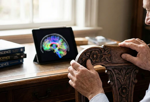 Carved wooden furniture on the desk, neuroscience books and brain visualization on the screen: neuroaesthetics of the interior