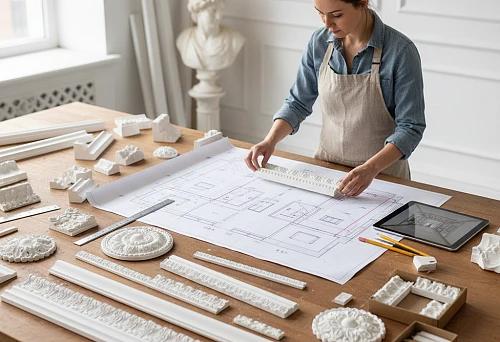 The designer works on the room plan, selecting a molding kit from various profiles, rosettes, and decorative elements laid out on a large table.