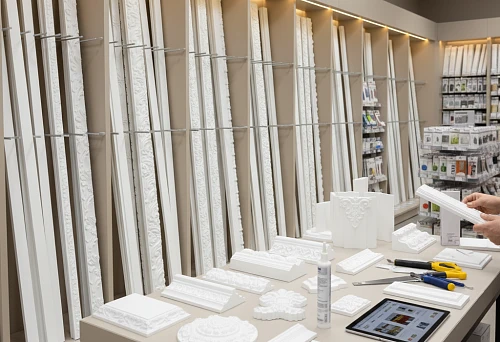 Range of polystyrene moldings and decorative elements on store display