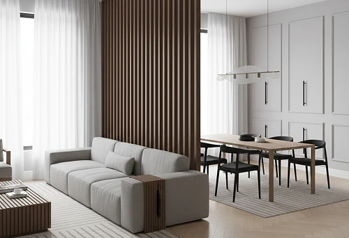 Modern interior with a slatted wooden partition and furniture with vertically oriented handles, supporting the rhythm of zoning and the architectural structure of the space