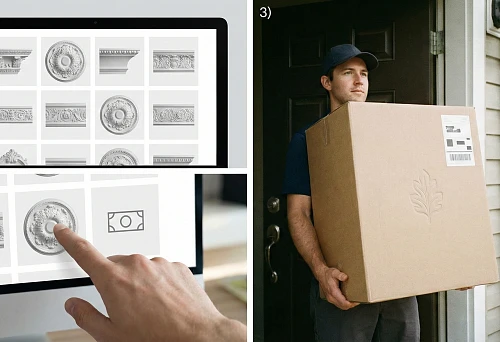 Stucco catalog in the online store on screen: cornices, moldings and ceiling rosettes