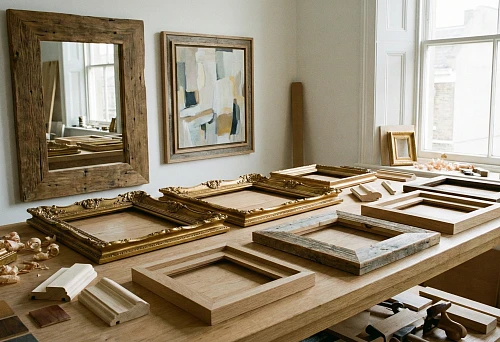 Wooden frame for paintings and mirrors: a set of wooden and gilded baguette frames on a work table