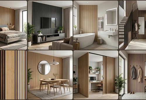 Slat wall panels in the bedroom with a soft bed and warm wood wall trim