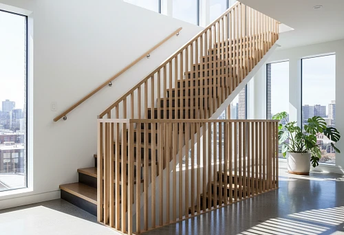 Modern staircase with vertical wooden balusters and handrail in a bright interior with panoramic windows