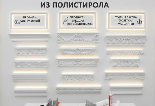 Display Stand with Polystyrene Decorative Cornices of Various Profiles, Densities, and Styles in Interior