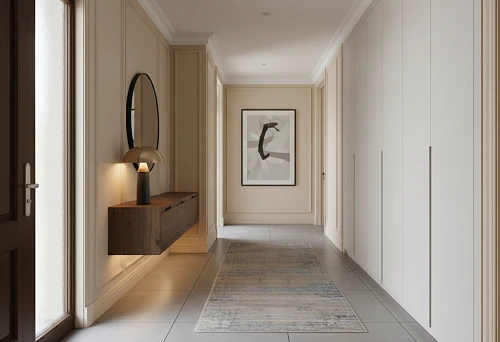 Hallway in modern classic style: smooth panels, hidden doors, and a calm palette