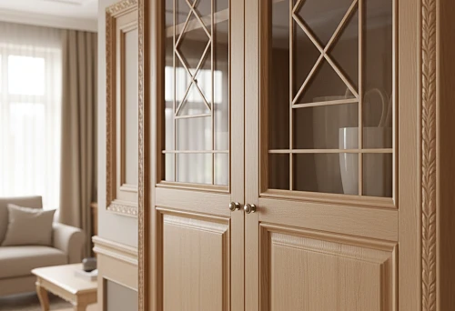 Wooden cabinet with decorative layouts, moldings, and glazing beads on the facades; classic edge treatment and glass doors with geometric pattern.