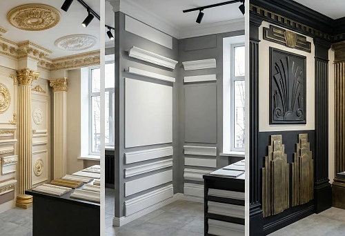 Collections of polyurethane stucco molding: stands with profile samples in different interior styles