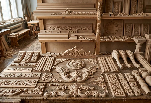 Wooden furniture decor: carved overlays, ornaments and rosettes on the table in the workshop