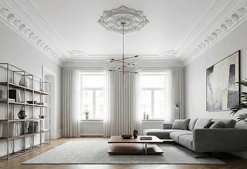 Modern living room furniture and polyurethane stucco on the ceiling: a combination of eras in a light interior