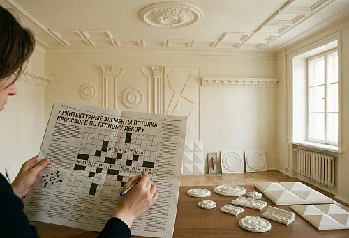 Stucco rosettes, panels, and moldings laid out on a table for studying decorative forms.
