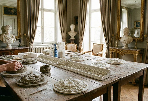 Master sculpts a plaster rosette and bas-relief &mdash; creating decorative elements with your own hands in a classic interior