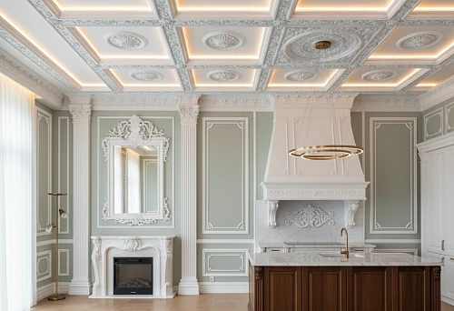 Kitchen-living room with polyurethane elements: ceiling molding, fireplace with decor, and columns in classic style
