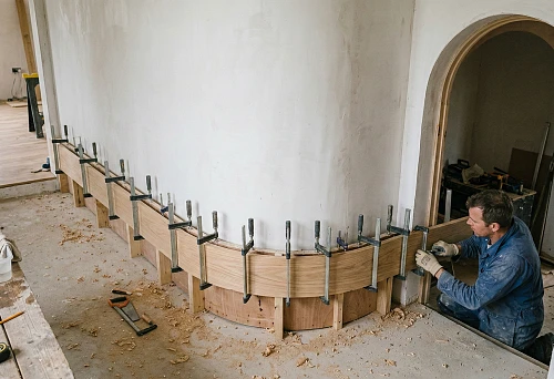 Bending wooden baseboard along a radius: clamps secure the baseboard along the curved wall