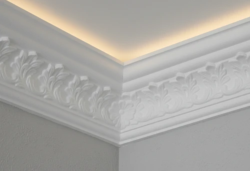 Polystyrene ceiling cornice with decorative ornament and lighting for stretch ceiling
