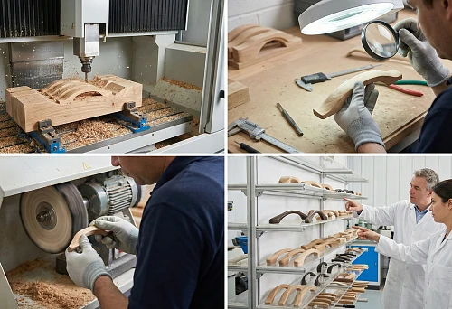 3D milling of solid wood furniture handles at STAVROS production &mdash; precise processing of product shape and geometry