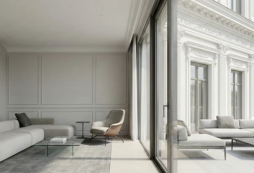 Modern furniture in the living room and polyurethane facade molding behind panoramic glazing: unified home style
