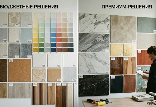 Wall finishing exposition with budget and premium materials