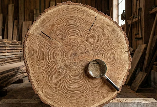 End cut of an oak with annual rings and cracks: visual 'memory' of wood after cutting