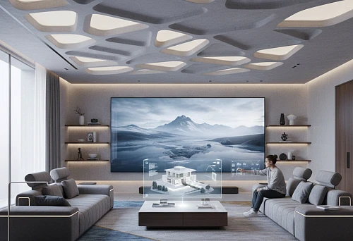 Modern living room 2026 with designer furniture, architectural moldings, and technology integration